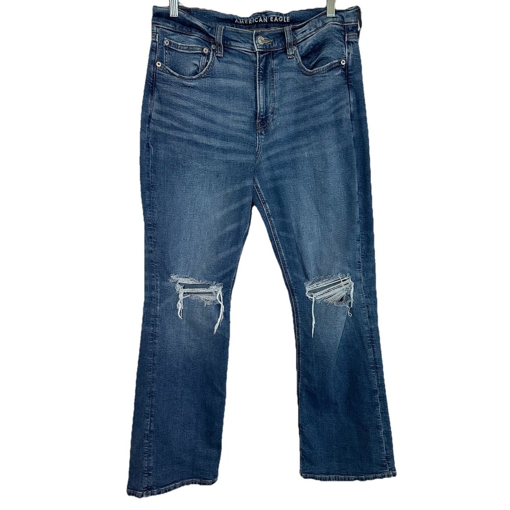 American Eagle Women's SIZE 12 90's Bootcut Distressed Ripped Blue Jeans Denim